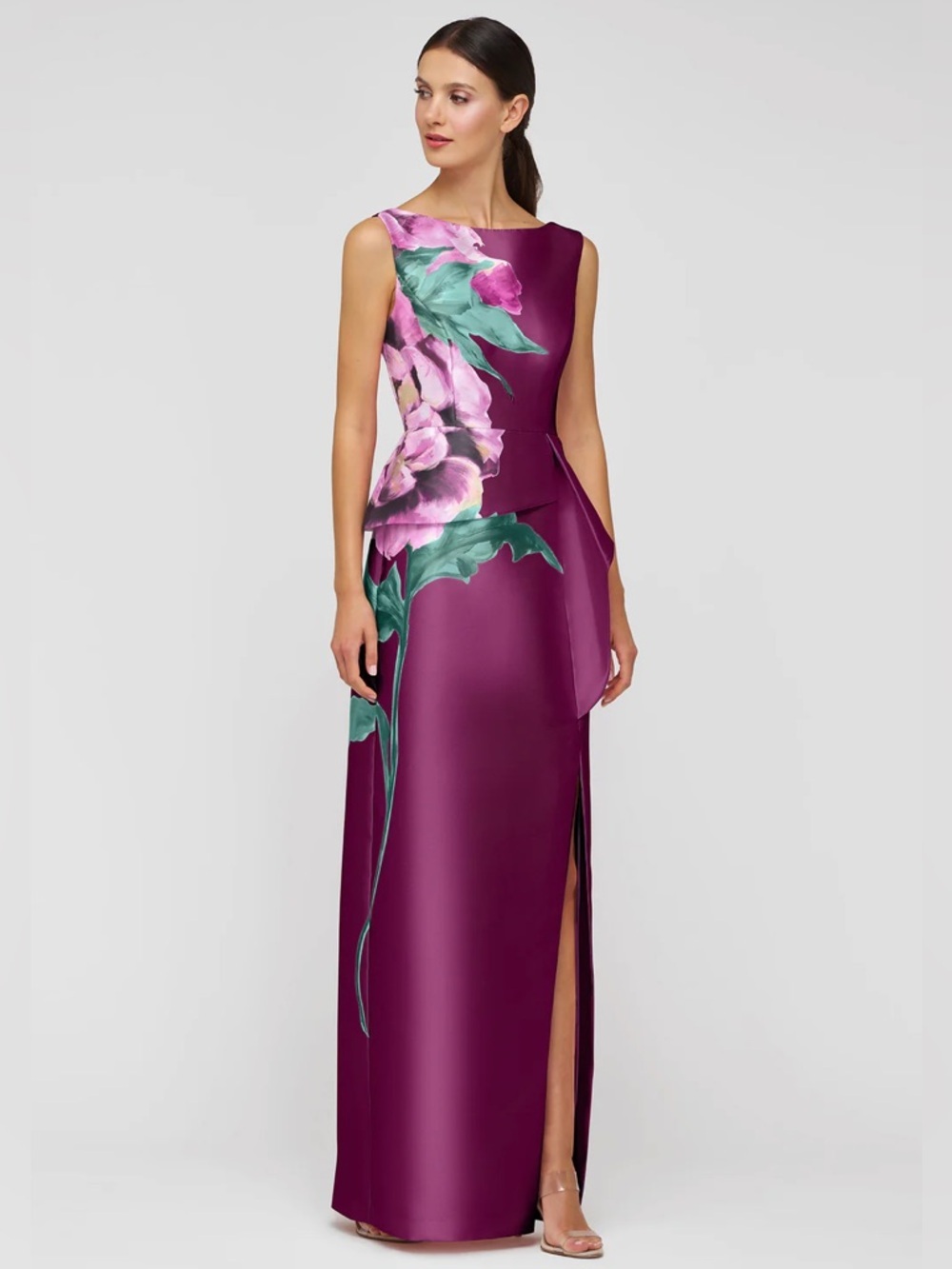 new Kay Unger Luciana floral mikado column gown in Mulberry combo - Picture 3 of 9